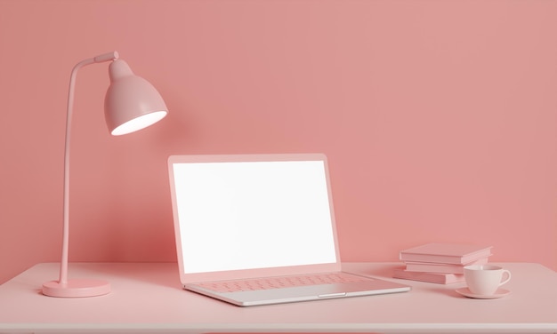 Interiore della stanza rosa con mock up computer portatile con schermo bianco vuoto 3d rendering illustrazione