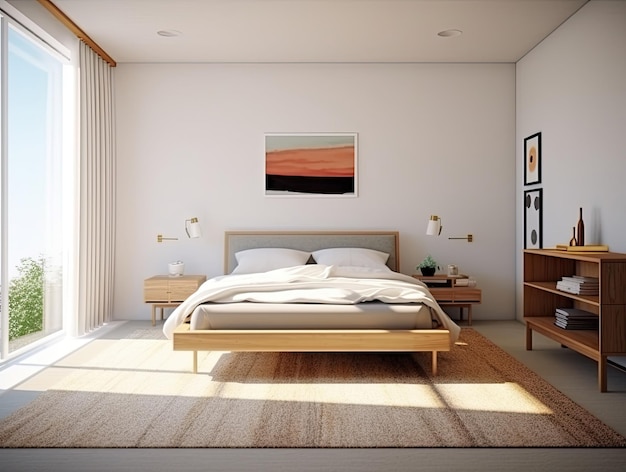 Interiore di camera da letto minima con decorazione della casa mock up Arredi accoglienti costieri eleganti letto confortevole sfondo di design moderno AI generativa