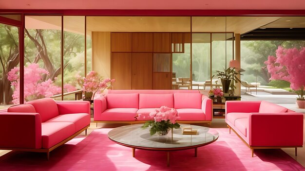 Interiore di casa di marmo rosa MidCentury Eleganza moderna in risoluzione 8k