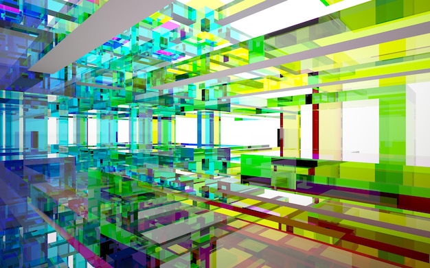 Interiore di colore sfumato di vetro architettonico astratto di una casa minimalista con grandi finestre 3D