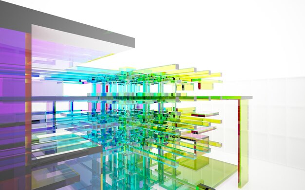 Interiore di colore sfumato di vetro architettonico astratto di una casa minimalista con grandi finestre 3D