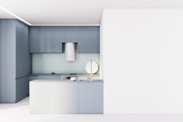 Interiore luminoso della cucina con una parete bianca vuota e mensole blu concetto di interior design del pavimento in cemento rendering 3d mock up