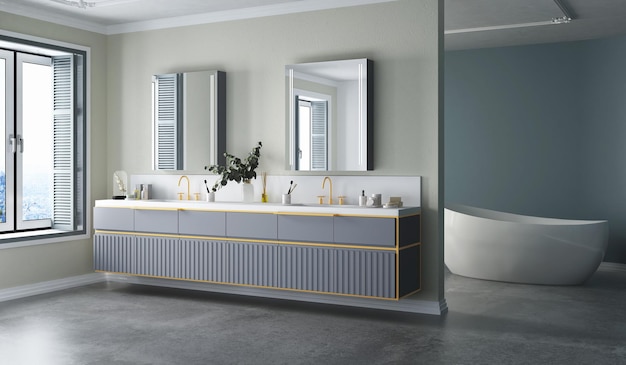 Interiore moderno del bagno di lusso con mobiletto, vasca da bagno, accessori, specchio quadrato, pavimento di cemento.