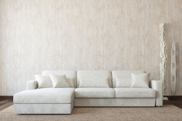 Interiore moderno del salone con il divano bianco vicino al muro beige vuoto
