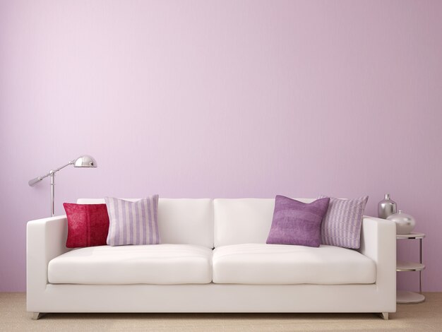 Interiore moderno del salone con lo strato bianco vicino alla parete viola vuota. Rendering 3D.