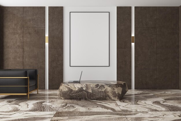 Interiore moderno del salone con un pavimento di marmo marrone, pareti marroni e bianche e una poltrona nera vicino a un poster verticale e un tavolo massiccio. Rendering 3d mock up