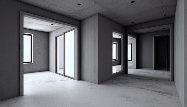 Interiore moderno dell'appartamento vuoto del salone. Luminoso soggiorno domestico con pavimento piastrellato, finestra e parete vuota con soffitto. Proprietà reale all'interno del modello di progettazione illustrazione 3d realistica.