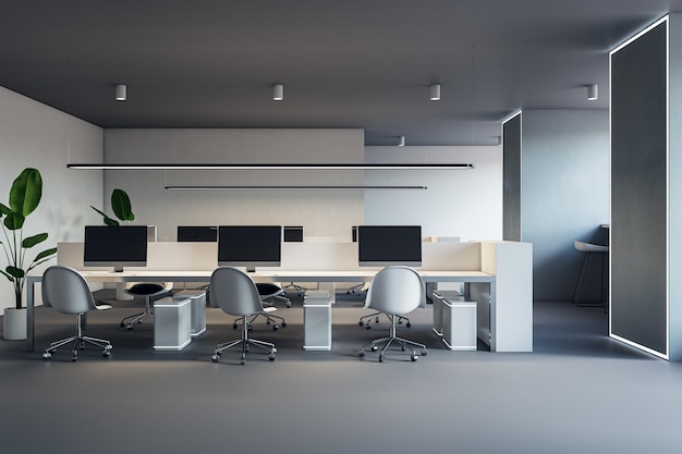 Interiore moderno dell'ufficio di coworking in cemento con mobili e attrezzature Rendering 3D