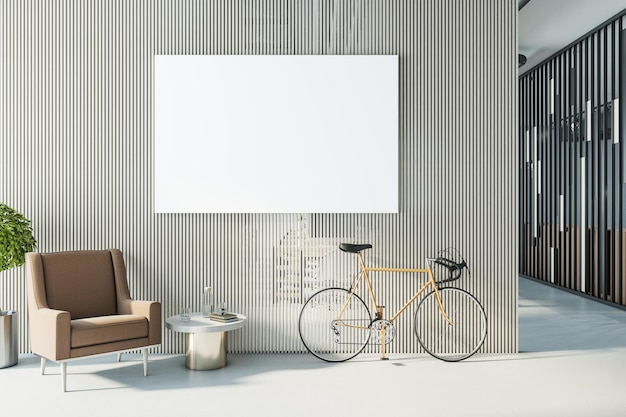 Interiore moderno dell'ufficio hipster con poster vuoto per bici su parete divisoria e mobili Mock up 3D Rendering
