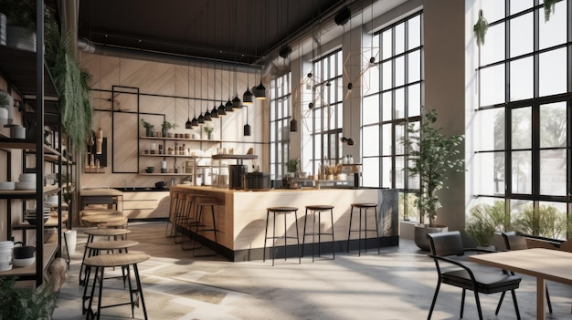 Interiore moderno della caffetteria in stile loft pareti e pavimenti grigi tavoli e sedie in legno scaffali aperti p