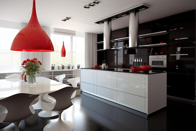 Interiore moderno della cucina in bianco e nero con lampada rossa