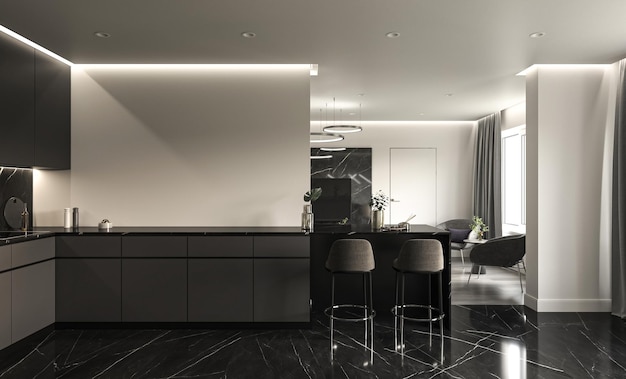 Interiore moderno della cucina scura con pavimento in marmo 3d contemporaneo che rende l'illustrazione di alta qualità
