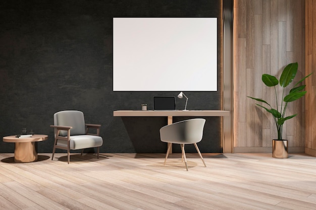 Interiore moderno della stanza dell'ufficio in legno e cemento con piante decorative per mobili