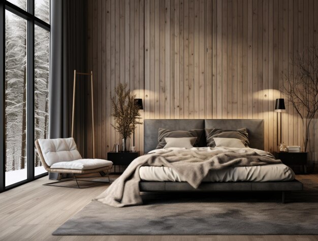 Interiore moderno di camera da letto in legno con accogliente camino e arte murale forestale