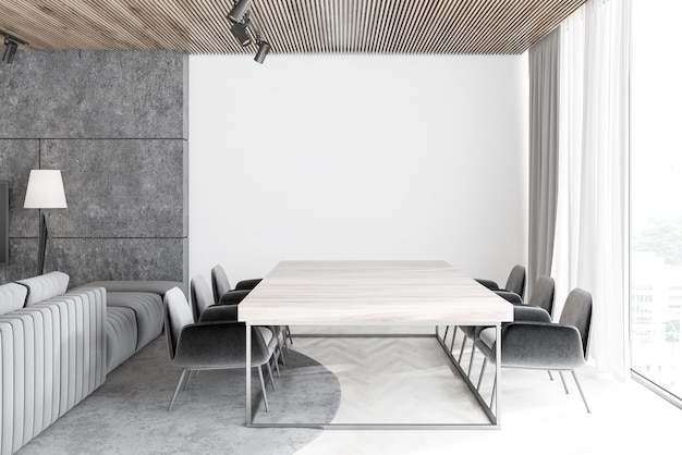 Interiore panoramico della sala da pranzo del soppalco con pareti bianche e di cemento un pavimento di cemento e un lungo tavolo in legno con sedie. Un muro bianco finto. rappresentazione 3d