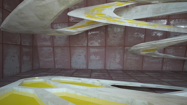 Interiore vuoto della stanza astratta liscia dei fogli metallo arrugginito Sfondo architettonico 3D