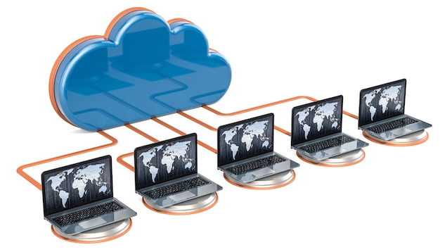 internet connection concept computer cloud with laptops 3d rendering