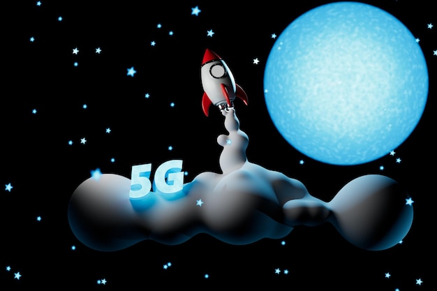 Internet e TV satellitare razzo luna e iscrizione 5g tra le stelle su sfondo nero