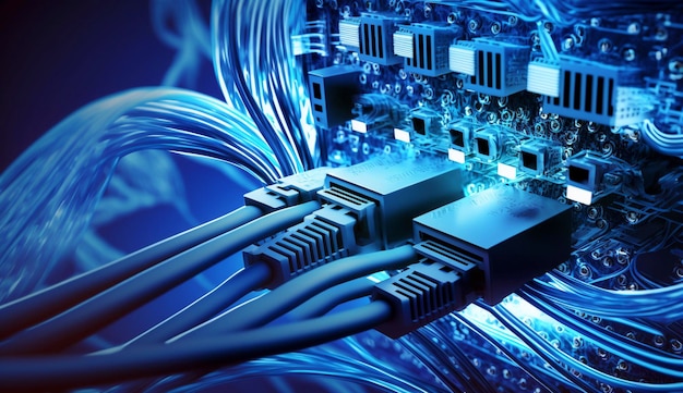 Internet LAN connessione di rete cavo ethernet su sfondo astratto blu Ai generativo