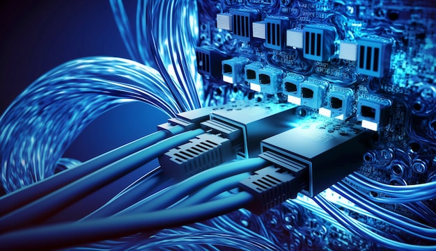 Internet LAN connessione di rete cavo ethernet su sfondo astratto blu Ai generativo