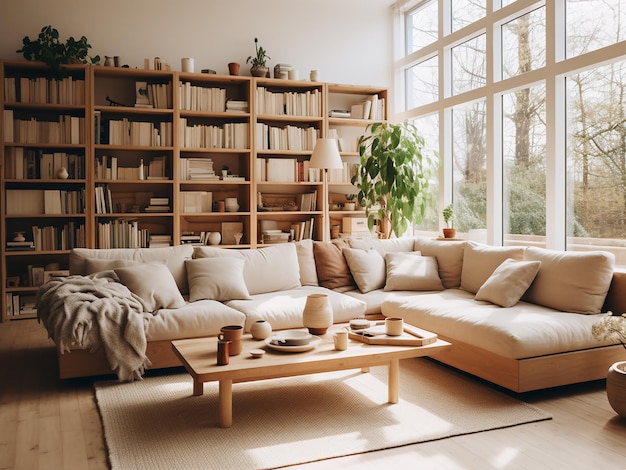Interni accoglienti del soggiorno in legno chiaro con decorazioni naturali AI Generative
