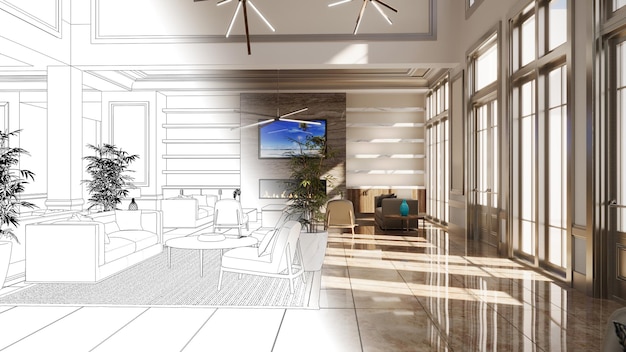 interni ampi e spaziosi della hall nell'illustrazione 3D dell'hotel rendering cg