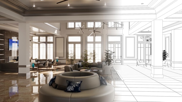 interni ampi e spaziosi della hall nell'illustrazione 3D dell'hotel rendering cg