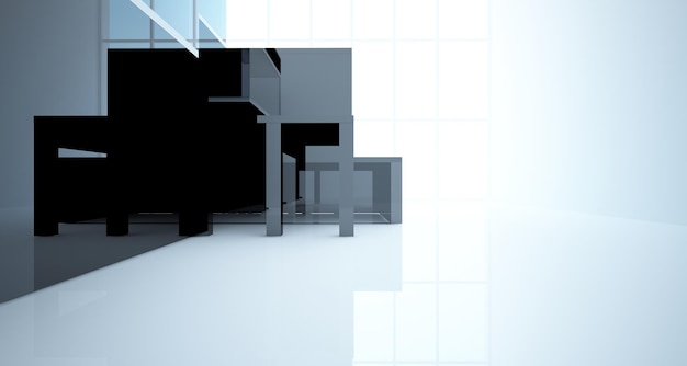 Interni architettonici astratti bianchi e neri lucidi di una casa minimalista con grandi finestre 3D