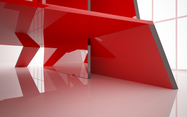 Interni architettonici astratti con illustrazione e rendering 3D della scultura bianca rossa e blu