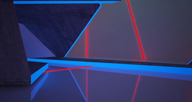 Interni architettonici astratti in cemento di una casa minimalista con illuminazione al neon a gradiente di colore 3D