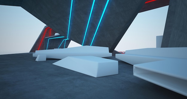 Interni architettonici astratti in cemento di una moderna villa sul mare con illuminazione al neon colorata 3D