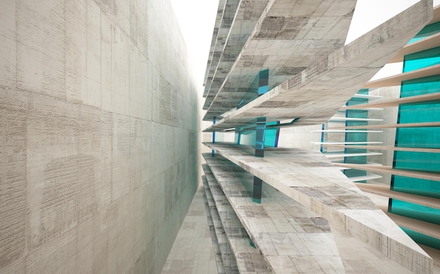 Interni architettonici astratti in legno e vetro da una serie di cubi con grandi finestre. Illustr.3D