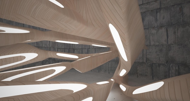Interni astratti in cemento e legno con illustrazione e rendering 3D della finestra