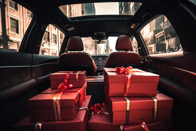 Interni auto con regali per le feste e regali rossi generativi ai