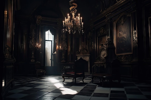 Interni barocchi con luci e ombre drammatiche che creano un'atmosfera misteriosa