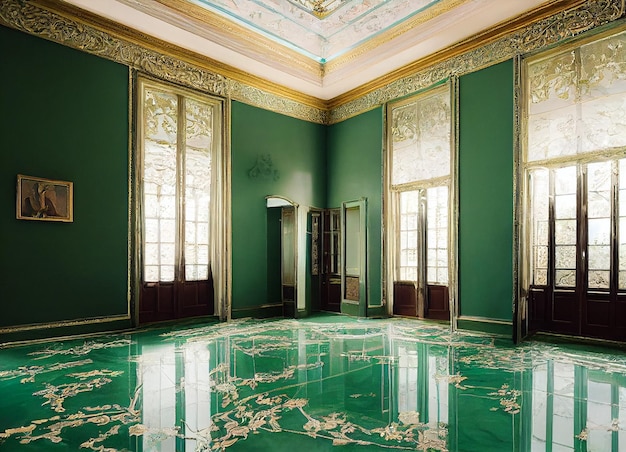 Interni belli e lussuosi con ornamenti dorati e pavimento in marmo ceramico verde rendering 3D