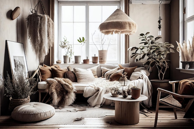 Interni boho scandinavi con trame naturali e caldi accenti di legno creati con intelligenza artificiale generativa