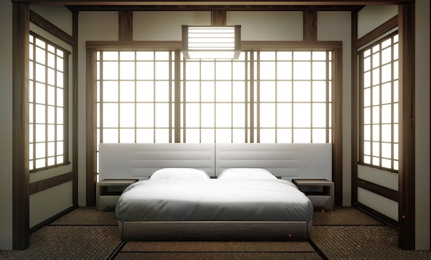 Interni Camera da letto moderna di lusso in stile giapponese, mock up, la più bella. Rendering 3D