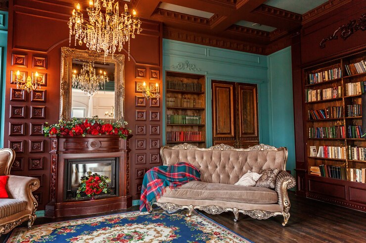 Interni classici di lusso della biblioteca domestica