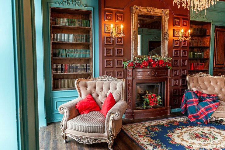 Interni classici di lusso della biblioteca domestica