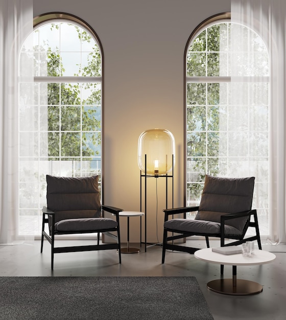 Interni classici ed eleganti con mobili moderni e rendering 3d di finestre ad arco