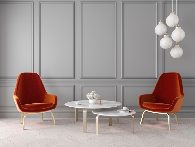 Interni classici moderni con poltrone, lampada, tavolo, pannelli a parete e pavimento in legno. 3d render illustrazione.