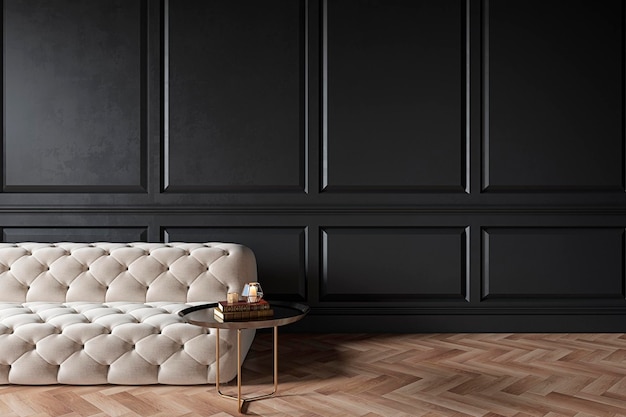 Interni classici moderni neri con modanature del pavimento in legno del tavolino del divano capitone chester