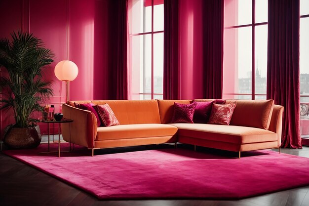 Interni colorati per il soggiorno, design di lusso in velluto color neon