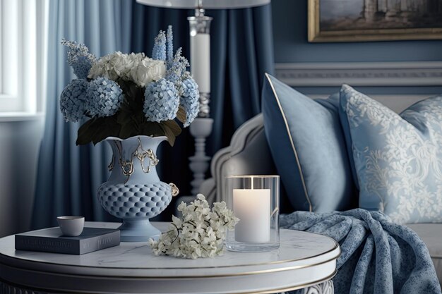 Interni con decori nei toni del blu e del bianco in maniera opulenta tradizionale con fiori