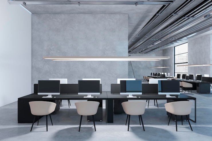 Foto interni contemporanei per uffici di coworking in cemento a due livelli con finestra e mobili e attrezzature con vista sulla città rendering 3d