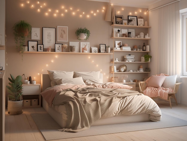 Interni da camera da letto beige chic con accenti luminosi AI Generato