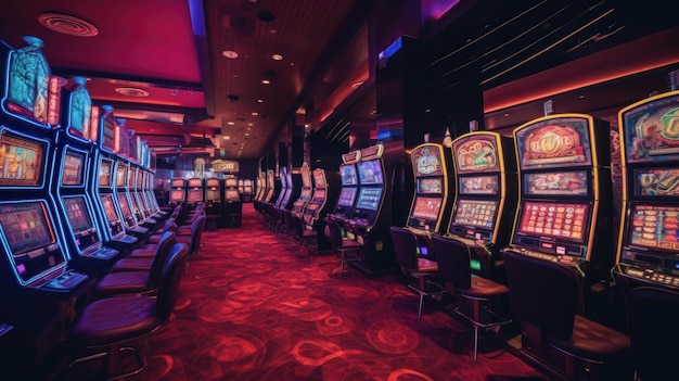 Interni da casinò in stile retrò con slot machine da casinò adornate con affascinanti luci al neon generate da Ai