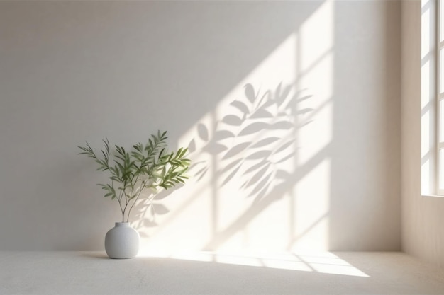 Interni dal design minimalista con ombre e luce solare Composizione di piante in un elegante vaso in un soggiorno bianco Illustrazione AI generativa