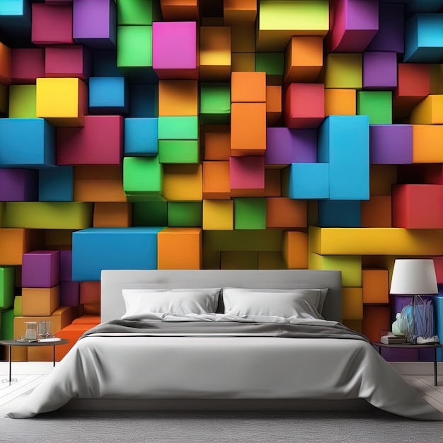 interni dal design moderno della camera da letto con un divano colorato Carta da parati interna con rendering 3 d con colori